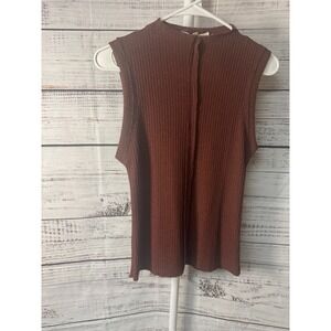 Gilded Intent Sleeveless Top Mock Neck‎ Ribbed Knit Brown Casual Blouse